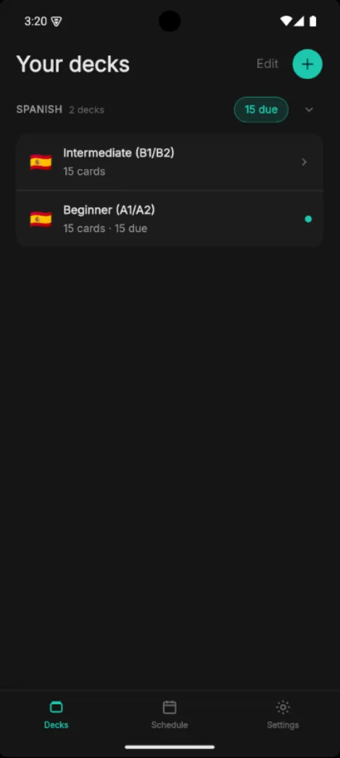 Your decks screen listing Spanish intermediate and beginner decks with cards due