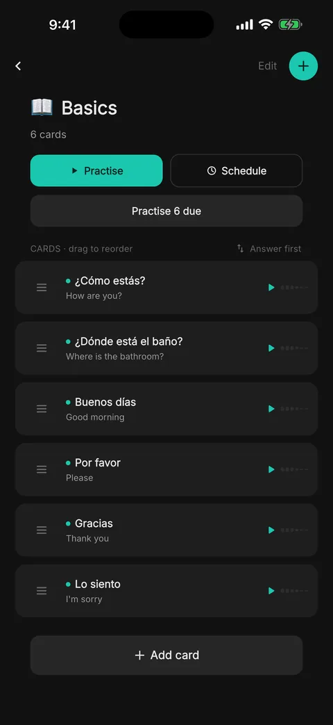 A deck called Basics with six Spanish cards such as Como estas, How are you, with Practise and Schedule buttons at the top and an Answer first switch