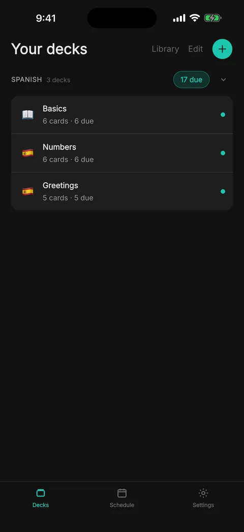 The Your decks screen in Colloquial on iPhone, showing a Spanish pack with three decks, Basics, Numbers and Greetings, and a chip reading 17 due