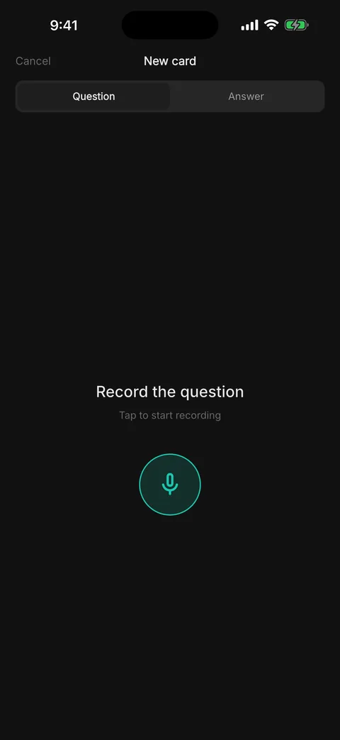 The New card screen in Colloquial, with Question and Answer tabs and a large microphone button labelled Record the question, tap to start recording