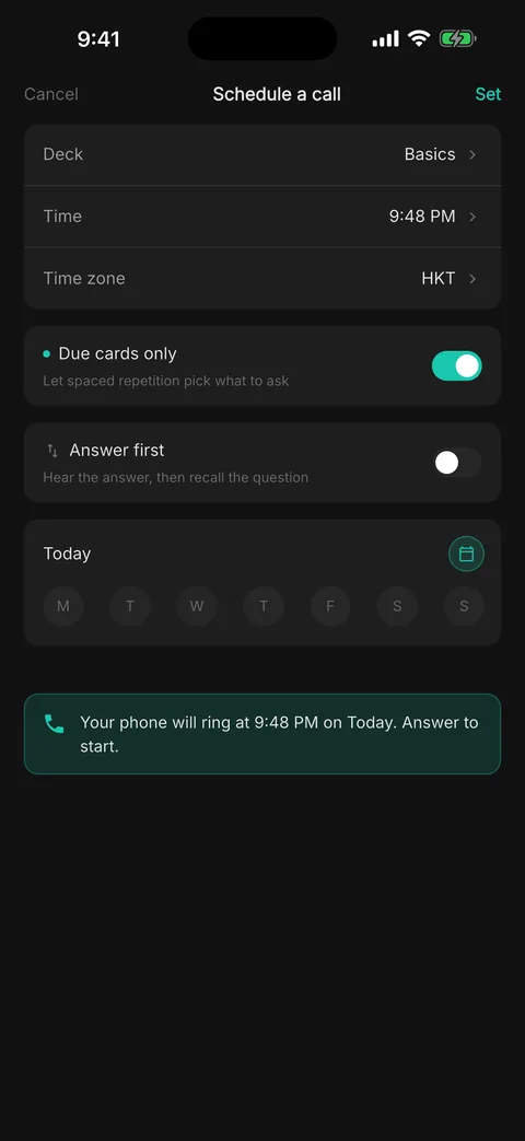 The Schedule a call sheet with Deck set to Basics, Time 9:48 PM, Time zone HKT, Due cards only switched on, Answer first switched off, day-of-week buttons, and a note saying your phone will ring at 9:48 PM today, answer to start